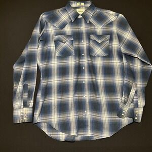 Vintage Campus Shirt Large 16.5 Pearl Snap Plaid Western Blue White‎ Tall Man
